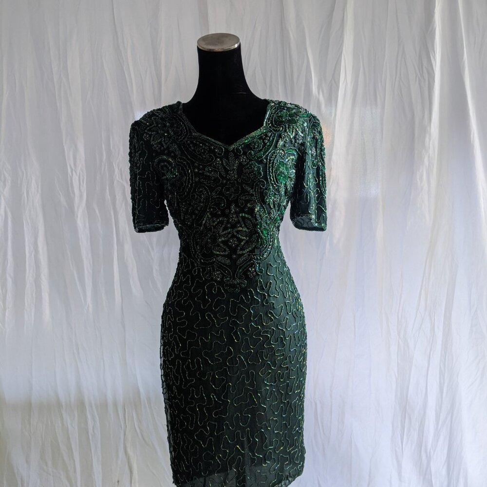 INCREDIBLE NOS 80's Green Sequin Stenay Cocktail Dress Size 6 - Picture 8 of 10